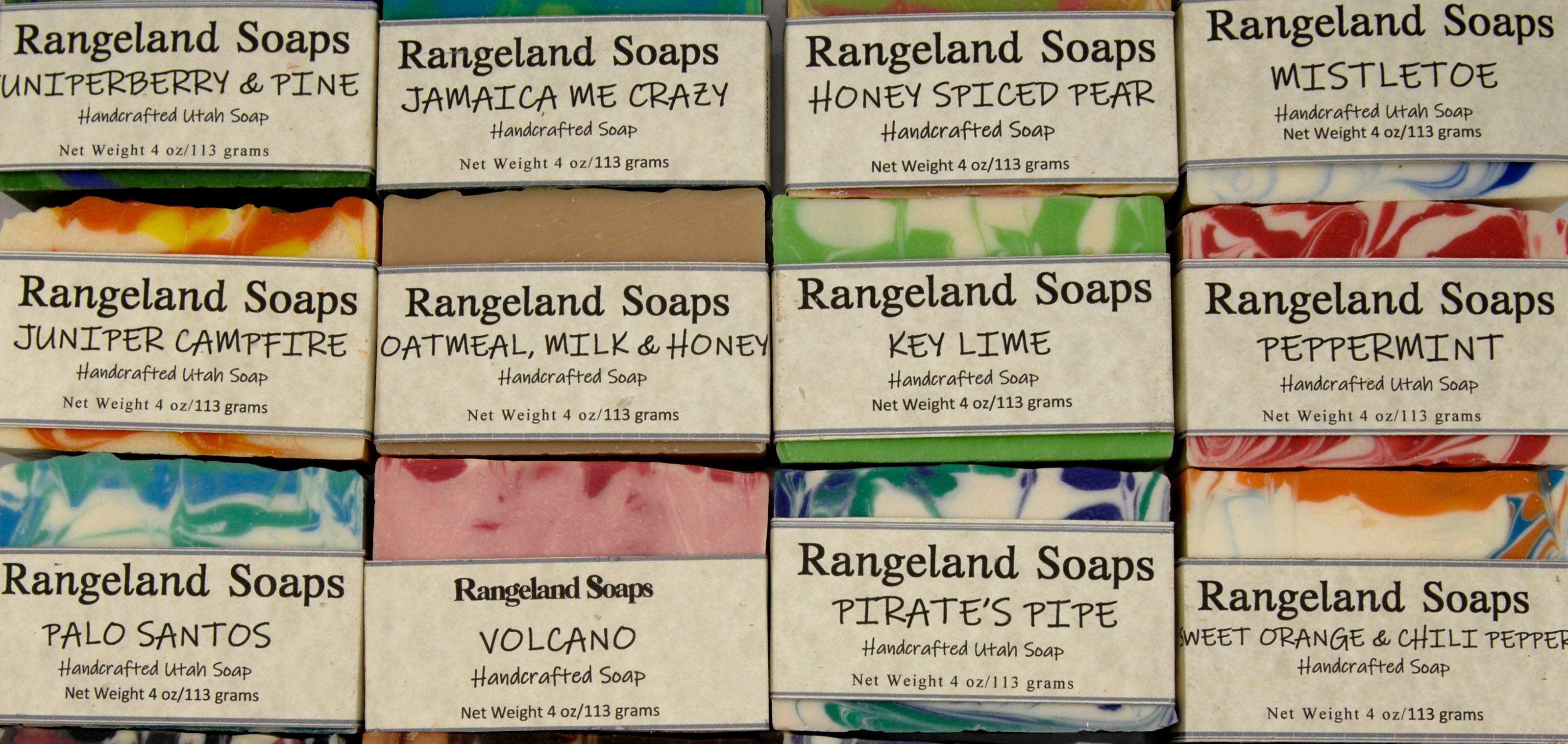 Rows of our soaps packaged with names on them.